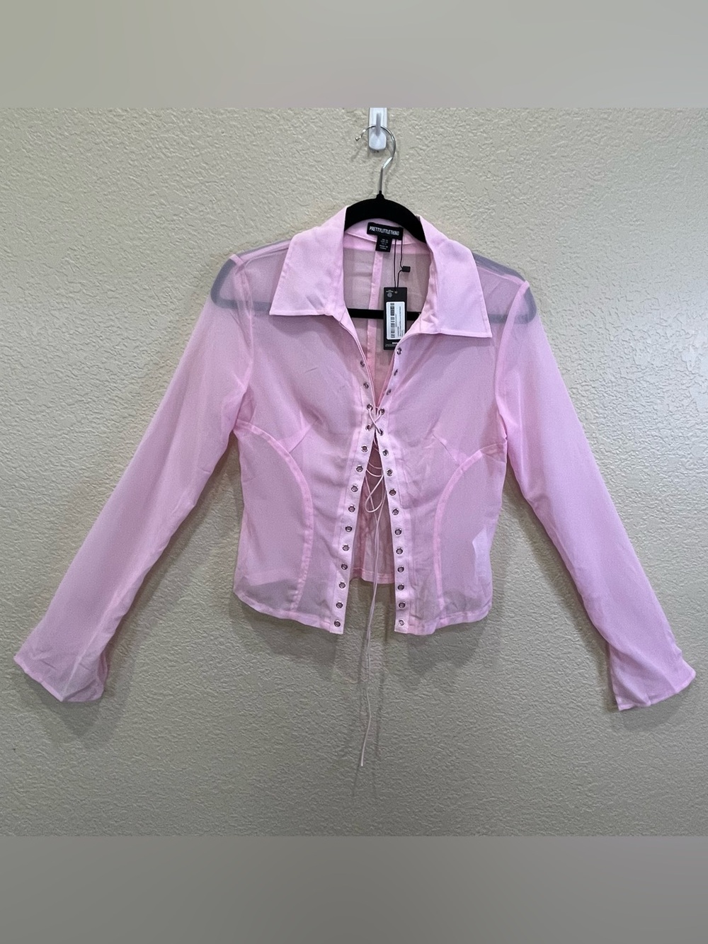 PrettyLittleThing Baby Pink Sheer Chiffon Lace Up Fitted Shirt Size 6